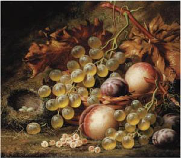 Still Life With Apples, Grapes 
And Flowers; Still Life With Peaches, Grapes And A Bird's Nest Oil Painting by Henry George Todd