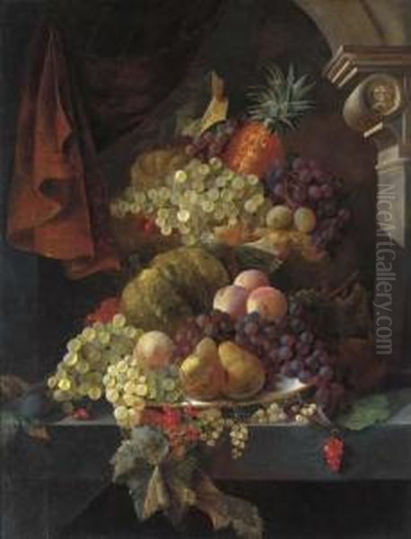 Grapes, Pears, Peaches, Plums, 
Redcurrants, Melons, And A Pineapple, On A Dish, On A Marble Ledge Oil Painting by Henry George Todd