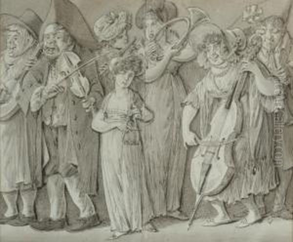 Groupe De Musiciens Et 
Musiciennes (recto); Etude D'une Femme Assise Et D'un Homme Chapeaute 
Debout (verso) Oil Painting by Rodolphe Toepffer