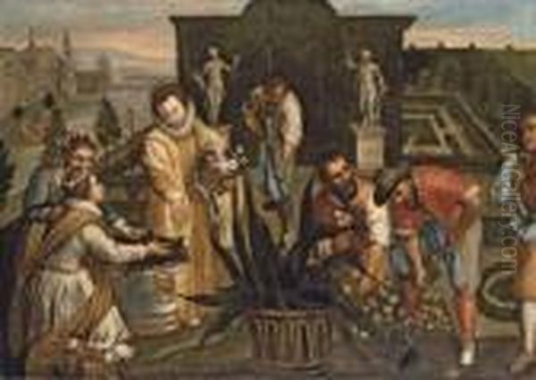 A Lady Holding A Basket Of 
Flowers And Gardeners Planting In A Renaissance Garden, A Fortified Town
 Next To A River Beyond Oil Painting by Lodovico Pozzoserrato (see Toeput, Lodewijk)