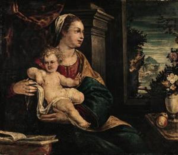 The Madonna And Child Seated 
Before An Open Window With Anextensive River Landscape Beyond Oil Painting by Lodovico Pozzoserrato (see Toeput, Lodewijk)