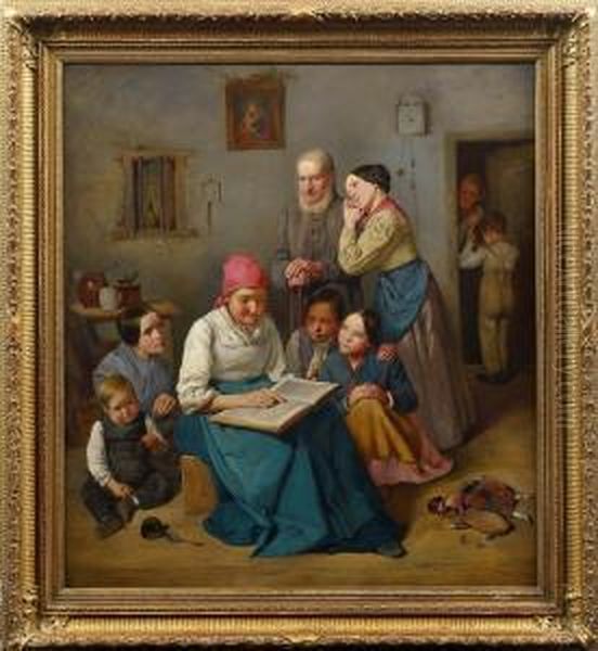 In Einer Einfachen Bauernstube 
Sitzende Grosmutter, Umringt Von Den Ihr Andachtig Lauschenden Kindern. 
Dahinter Stehend Der Altbauer, An Den Sich Seine Erwachsene Tochter 
Anlehnt. In Seiner Greifbaren Stofflichkeit, In Der Koloristik Und 
Charakter Oil Painting by Matthias Rudolf Toma