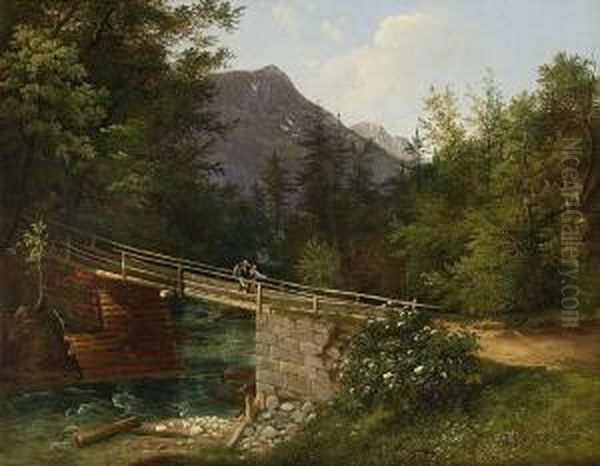 Brucke Uber Einen
 Gebirgsbach Oil Painting by Matthias Rudolf Toma