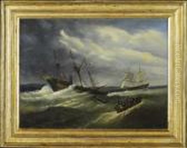 A Vapor Com Bandeira Americana, Dois Botes Salva Vidas E Veleiro Em Mar Revolto Oil Painting by Luis Ascensio Tomasini