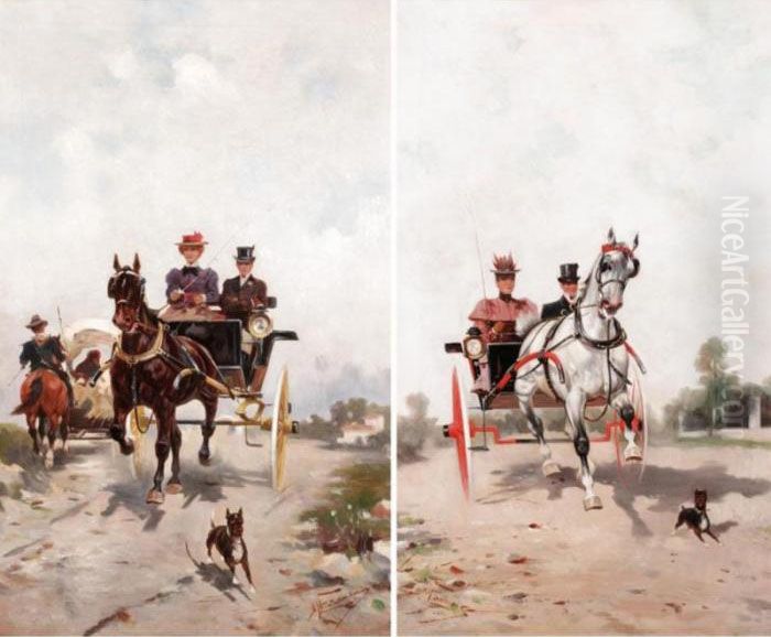 A Pair Of Coaching Scenes Oil Painting by Alfredo Tominz