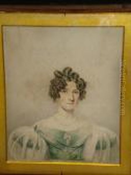 A Lady,wearing A Green Dress 
With White Lace Trimmings And A Pearl Necklace, Her Brown Hair In 
Ringlets, In A Leather Case Oil Painting by Peltro William Tomkins