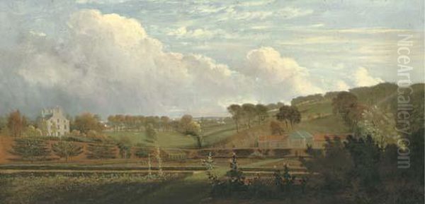 A Kitchen Garden Traditionally 
Identified As In Hampstead, A House And Outbuildings Beyond Oil Painting by William Tomkins