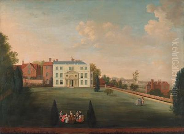 A Country House With Figures Assembled On The Lawn, And A Village Beyond Oil Painting by William Tomkins