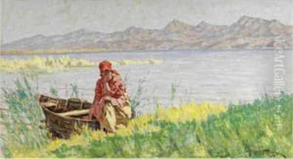 Sulla Riva Del Lago Di Massaciuccoli Oil Painting by Angiolo Tommasi