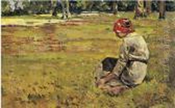 Contadinella Sul Prato Oil Painting by Angiolo Tommasi