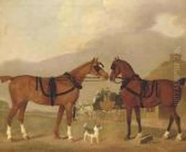 Two Carriage Horses In Harness, With Terriers And A Horsedrawncarriage By A Cottage Oil Painting by Clifton Tomson