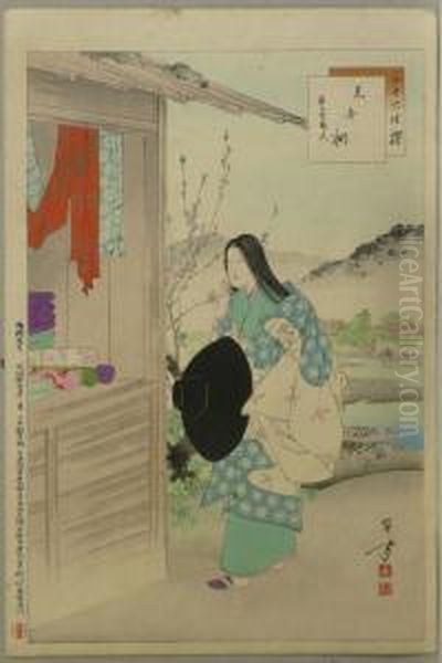 Junge Frau Vor Einem Stoffgesch?ft. Japan Oil Painting by Mizuno Toshikata