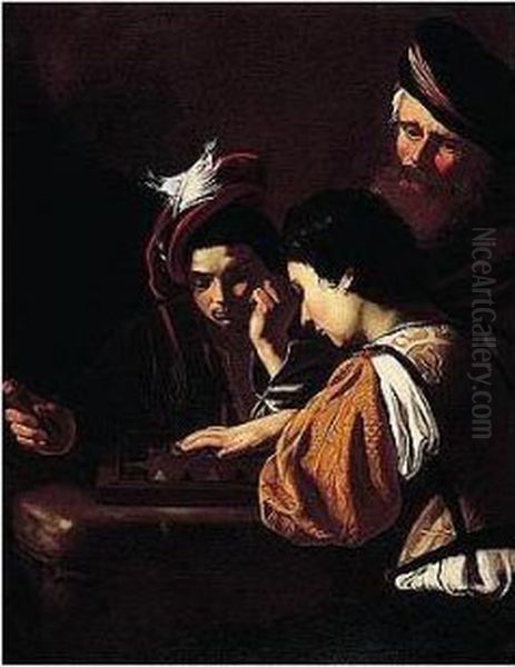 Young Boys Playing Backgammon, An Old Man Watching In The Background Oil Painting by Nicolas Tournier
