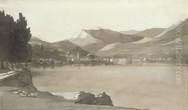 Town Of Lugano, Switzerland Seen
 From Paradiso With The Church Of Santa Maria Degli Angeli, Church Of 
Loreto, The Cathedral Of San Lorenzo, The Municipality, The Casa 
Airoldi, And The Gargantini Buildings Oil Painting by Francis Towne