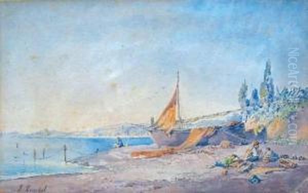 Barque De Pecheurs Sur La Greve De La Promenade Des Anglais.
 Aquarelle Contrecollee Sur Carton Signee En Bas A Droite Oil Painting by Domenico, Dominique Trachel