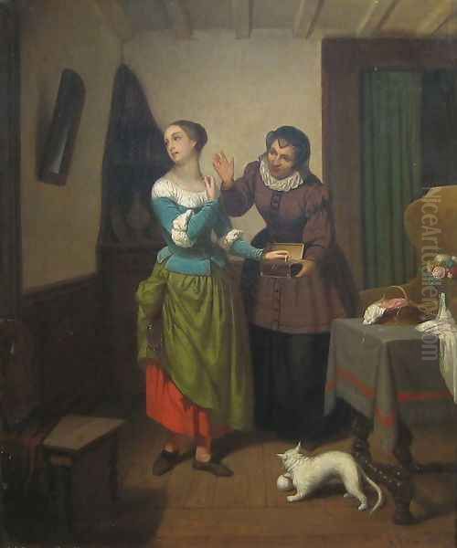 Interior with Young Girl who is Trying on Jewellery Oil Painting by Richard Edmund Flatters