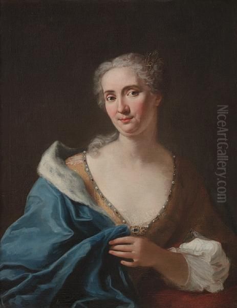 Portrait Of A Lady, Half-length, In A Golddress With A Blue Fur-lined Wrap Oil Painting by Gaspare Traversi