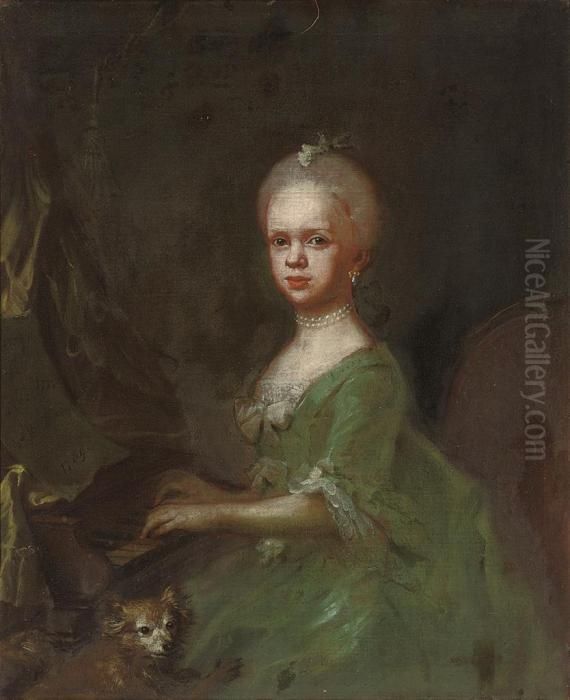 Portrait Of A Young Girl, 
Three-quarter-length, Playing Thepianoforte, In A Green Dress, With A 
Dog Oil Painting by Gaspare Traversi