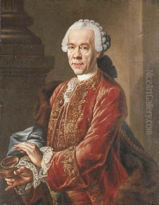 Portrait Of A Gentleman, 
Traditionally Thought To Be Count Camillo Graf Van Marcolini, 
Three-quarter-length, In A Red Jacket Holding A Gold Snuff Box Oil Painting by Gaspare Traversi