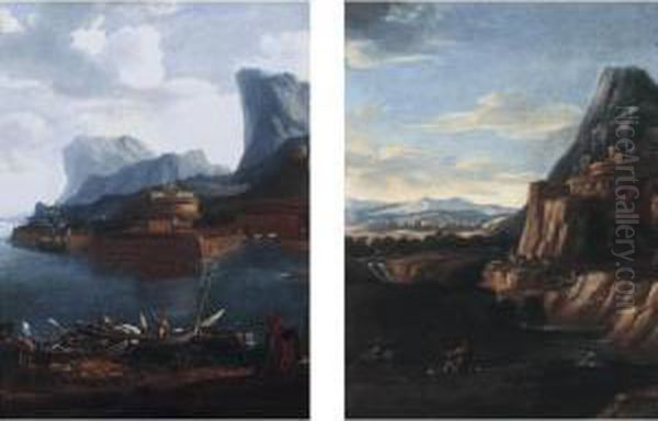 Coastal Landscapes With A 
Capriccio Of The Castel Sant'angelo, Figures In Boats In The Foreground Oil Painting by Antonio Travi Il Sordo Di Sestri