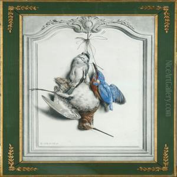 Two Nature Mortes. Both Stamp 
Signed. Both Chromolithographs. Visible Size Each 49 X 32 Cm Oil Painting by Edouard Travies