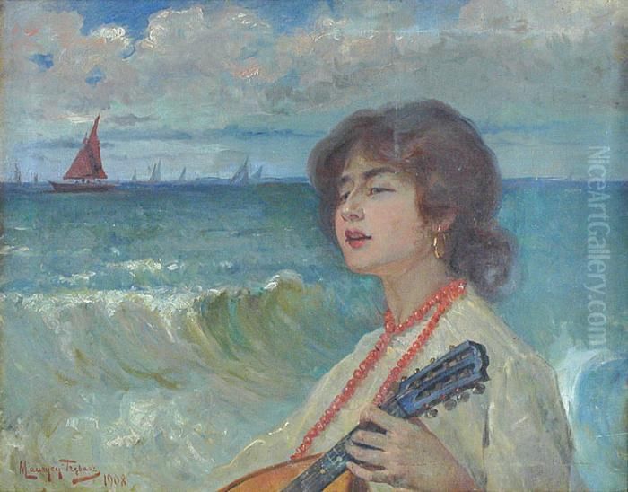 Dziewczyna Z Mandolina Na Tle Morza Oil Painting by Maurycy Trebacz
