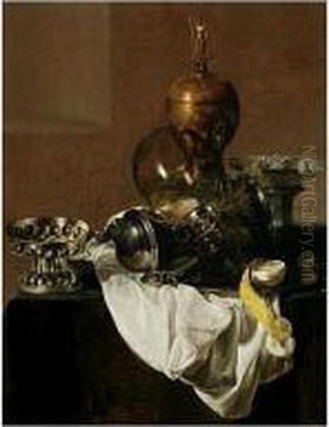 A Still Life Of Silverware, An 
Overturned Roemer, A Peeled Lemon On A Plate, A Blue-and-white Porcelain
 Bowl And An Ormolu Vase, All On A Table Draped With A White Cloth Oil Painting by Jan Jansz. Treck