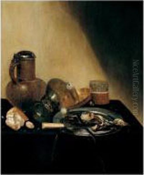 Still Life Of A Herring, An 
Onion And A Knife On A Pewter Dish, Together With An Upturned Roemer, A 
Candle Stick, A Glass, Bread And A Flagon, All Arranged Upon A Draped 
Table Oil Painting by Jan Jansz. Treck