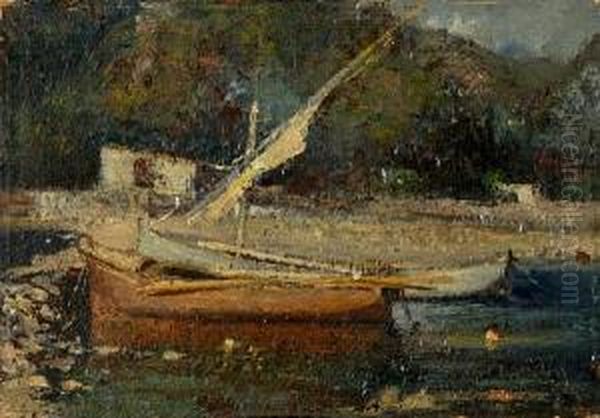 Boats At Shore Oil Painting by Theofrastos Triantafyllidis
