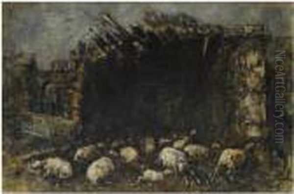 Flock Of Sheep In Menidi Oil Painting by Theofrastos Triantafyllidis
