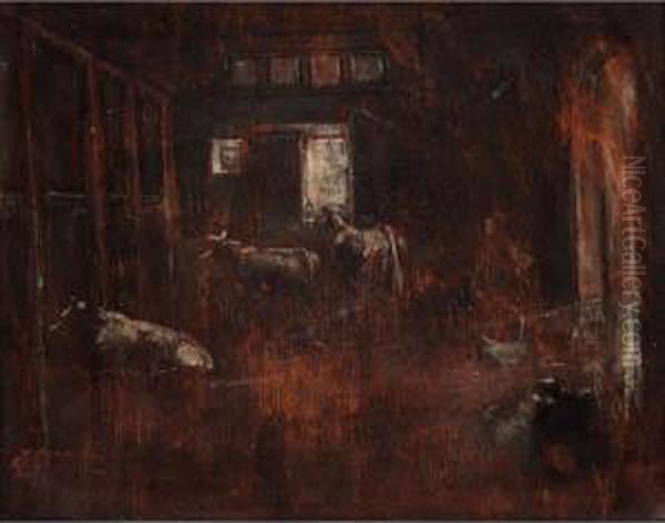 In The Stable Oil Painting by Theofrastos Triantafyllidis