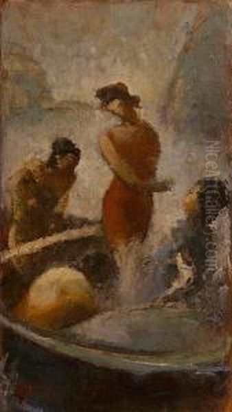 Bathers On The Boat Oil Painting by Theofrastos Triantafyllidis
