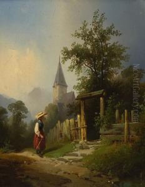 Junge Frau Vor Dem
 Gartentor. Oil Painting by Carl Triebel