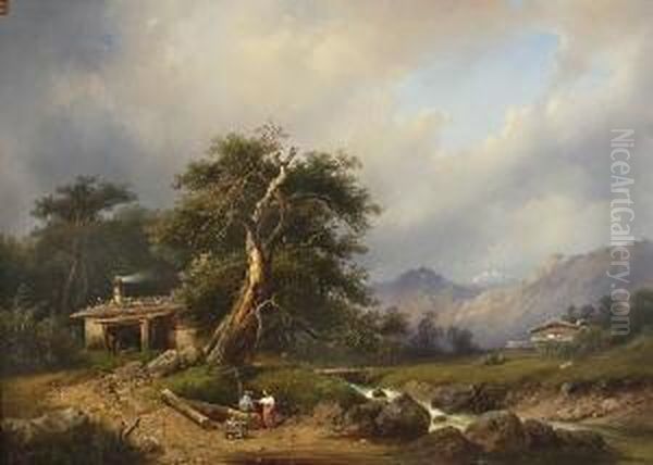 Muhle Am Bach In
 Gebirgslandschaft. Oil Painting by Carl Triebel