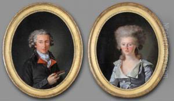 Portrait Of A Young Woman, Half-length, Wearing A Blue Satin Dress;
 Portrait Of A Young Man, Half Length, Holding A Book And Wearing Brown Jacket Oil Painting by Louis Rolland Trinquesse