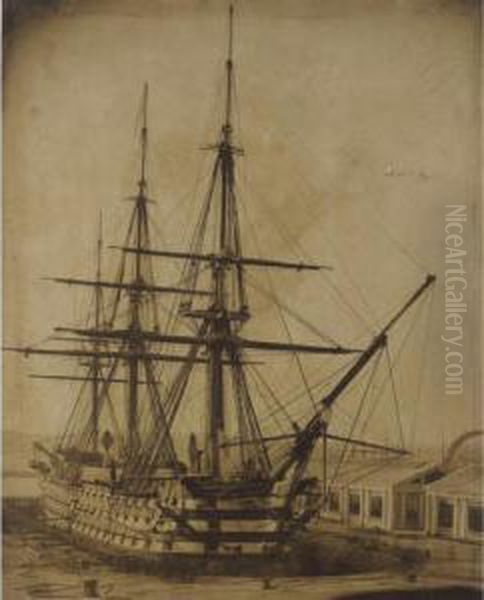 H.m.s. Duke Of Wellington In The Queen's Dock, Keyham, 4th Or 5th March 1854 Oil Painting by Linneaus Tripe