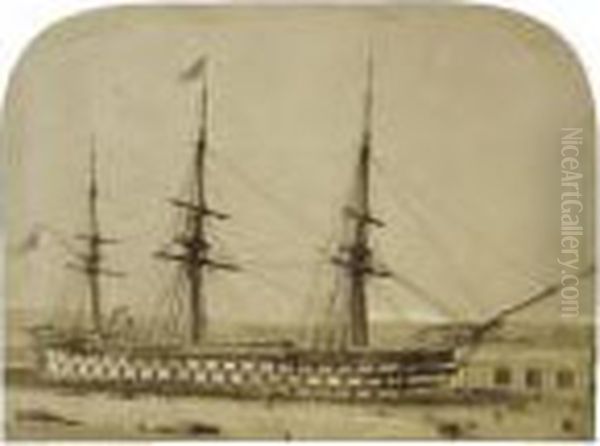 H.m.s. Duke Of Wellington Keyham
 Dock, 4th March 1854, And H.m.s. Queen In Keyham Dock, October 1853. 
Two Studies, 1853-4 Oil Painting by Linneaus Tripe