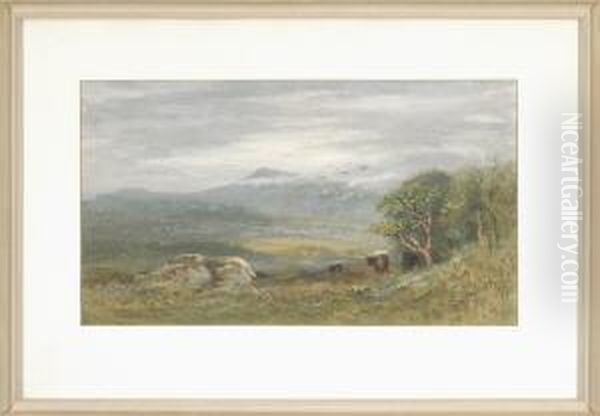 Kuhe An Einer Baumgruppe Auf 
Einer Anhohe Mit Weitem Blick Ins Tal Mit Wolkenverhangenen Gipfeln Im 
Hintergrund Oil Painting by Samuel Peter Rolt Triscott