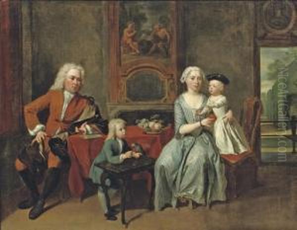 A Family Portrait Of A 
Gentleman, His Wife Handing An Apple To The Daughter And Their Son 
Feeding A Parrot, All In An Interior, A Park Beyond Oil Painting by Cornelis Troost