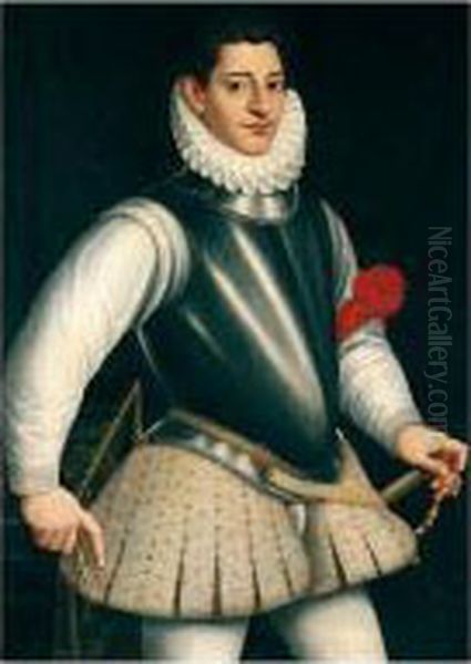 Portrait Of A Gentleman, 
Three-quarter Length Standing, Wearing Armour And A Ruff, A Red Ribbon 
Tied To His Left Arm Oil Painting by Giovanni Battista (Il Malosso) Trotti