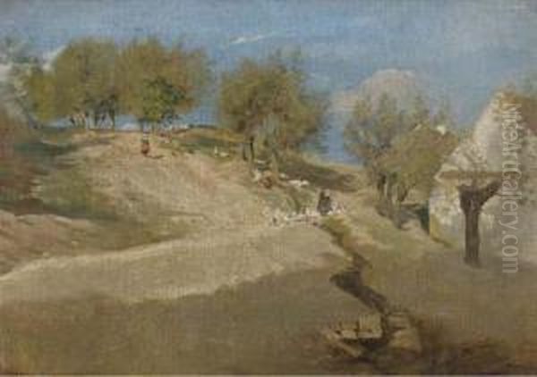 Am Brauberg Im Hopfgarten: Figures With Geese On A Sunlithill Oil Painting by Paul Wilhelm Tubbecke