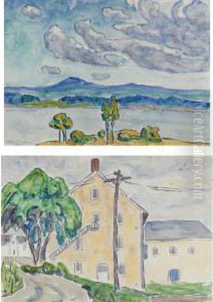 Landscape With Lake And 
Mountains And Landscape With House And Tree: A Pair Of Watercolors Oil Painting by Allen Tucker