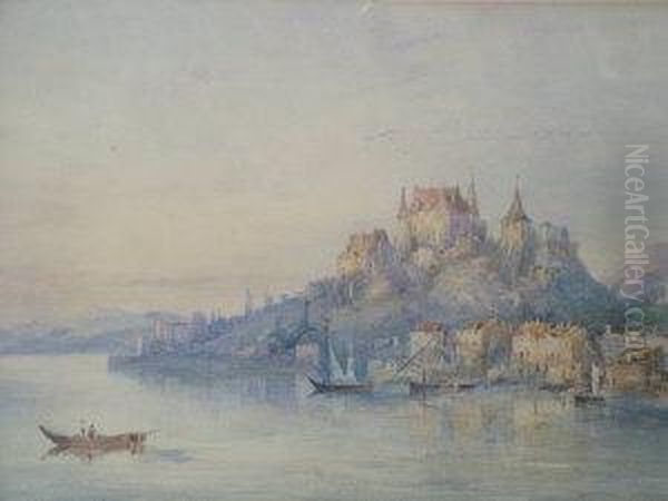 19th Century- Fishing Vessels 
Off A European Town With A Castle On A Mountaintop; 
Watercolour,25.5x37cm Oil Painting by Edward Tucker