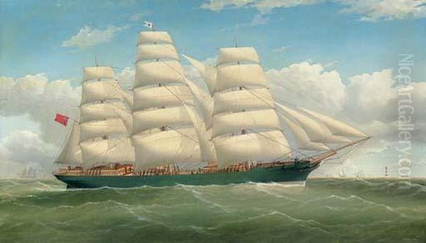 The Three-masted Clipper Ship 
England's Glory With A Lighthouse And Other Shipping In The Distance Oil Painting by Frederick Tudgay