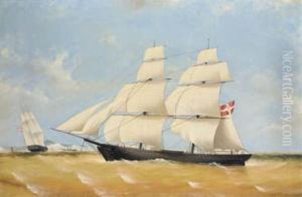 A Danish Brig In Two Positions Off Dover With The Channel Packetgoing In Oil Painting by Frederick Tudgay