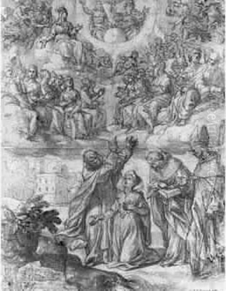 Trois Religieux Montrant A Une Femme Couronnee Une Vision
 Celeste Oil Painting by Alessandro Turchi