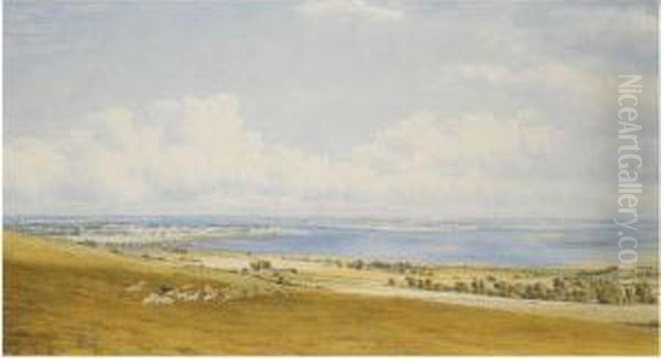 A View Of Hayling Island, 
Hampshire, Seen From The South Downs,with The Spire Of Chichester 
Cathedral In The Far Distance Oil Painting by William Turner