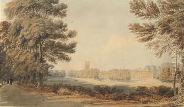 View Of Magdalen College, 
Oxford, From Addison's Walk With Thomasisherwood, George Chaplin And 
John Rouse Bloxam In Theforeground Oil Painting by William Turner