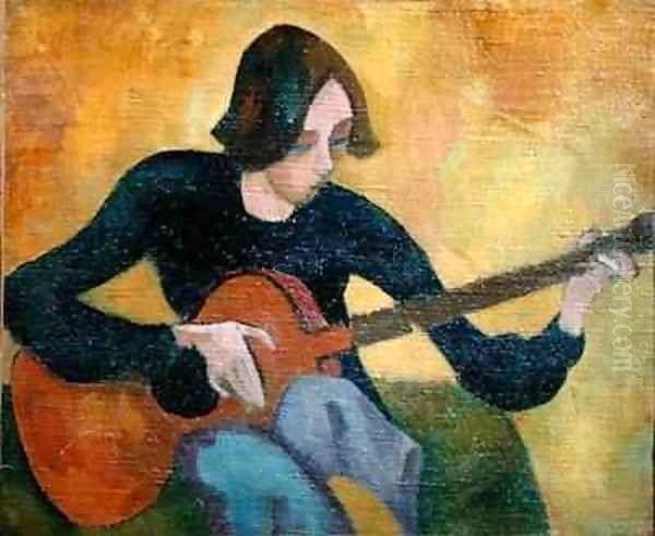 Nina Hamnett 1890-1956 with Guitar Oil Painting by Roger Fry