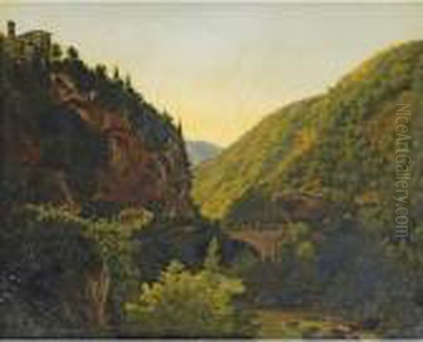Pont Et Aqueduc En Ruine A San 
Cosimato [ ; Bridge And Acqueduct In Ruins, San Cosimato; Oil On Paper 
Laid Down On Canvas ; Inscribed On The Reverse] Oil Painting by Lancelot Theodore Turpin De Crisse